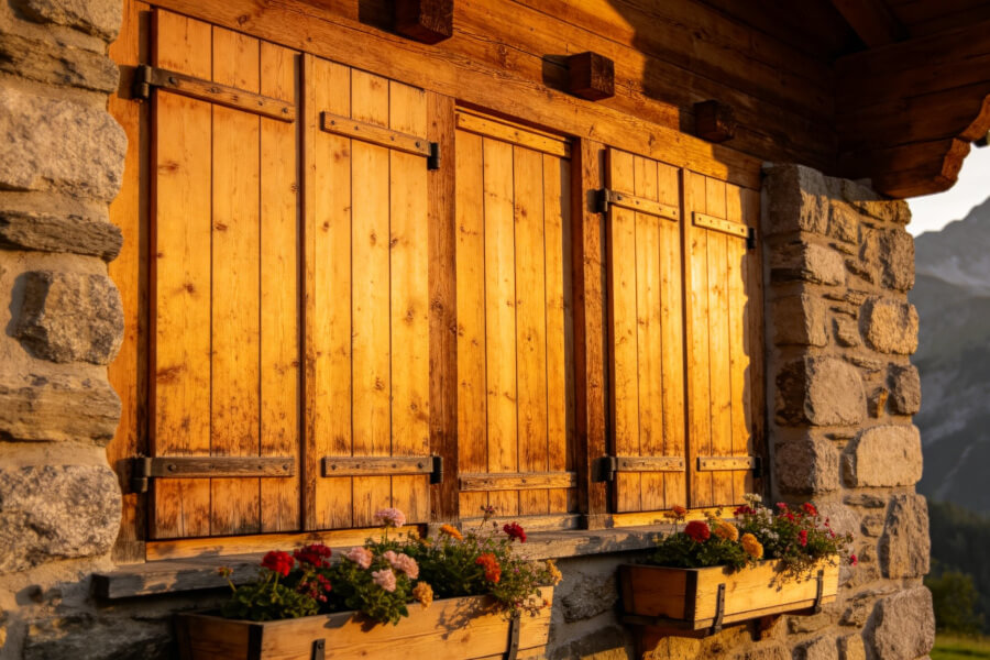 Volets en mélèze sur façade de chalet traditionnel